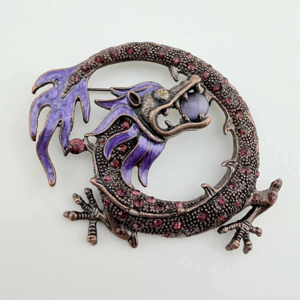 Purple Dragon Enamel Rhinestone Cat Eye Brooch Pin